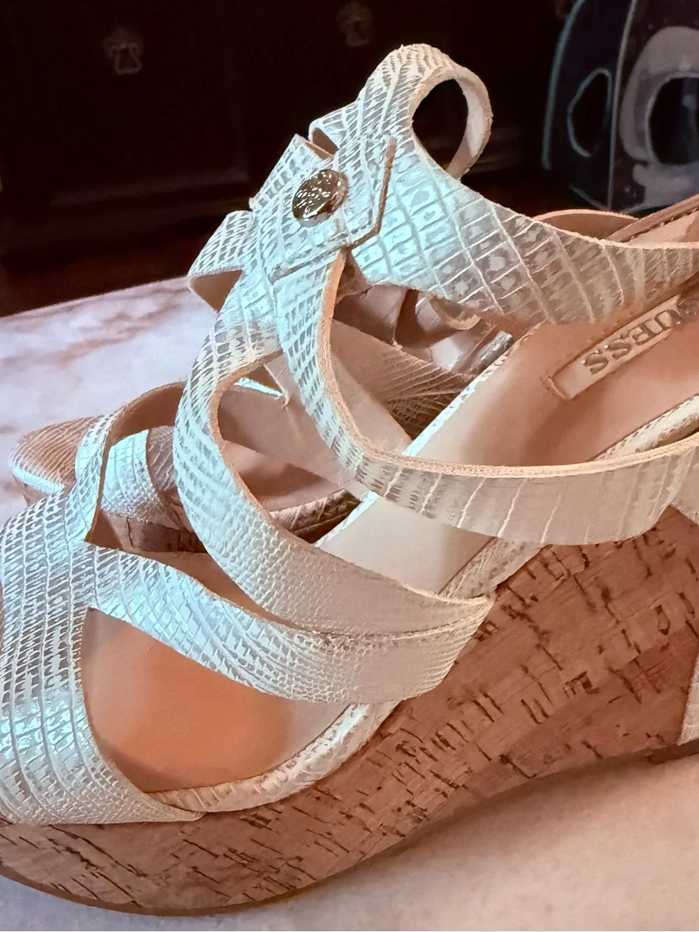 GUESS White Textured Cork Wedge Sandals